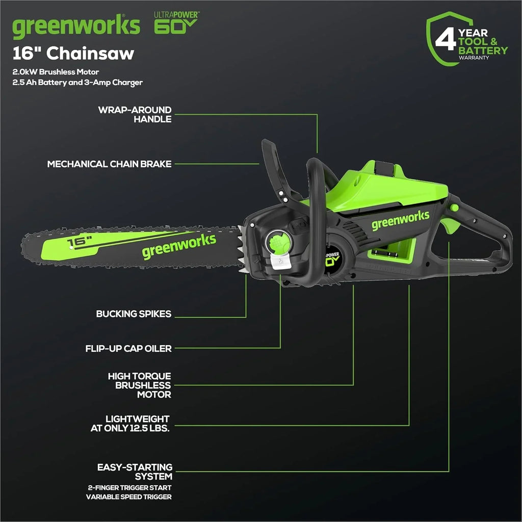Greenworks 40V 16" Brushless Cordless Chainsaw, 4.0Ah Battery and Charger Included