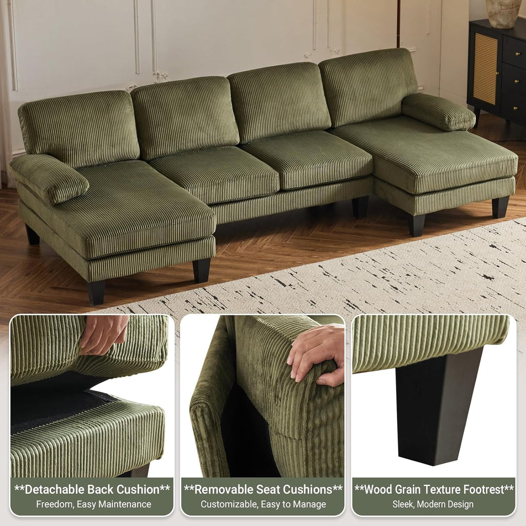 VINGLI 110" Sectional Couches for Living Room,U Shaped Couch with Double Chaise, 4-Seat Sofa Set with Chenille Fabric for Home Furniture,Beige