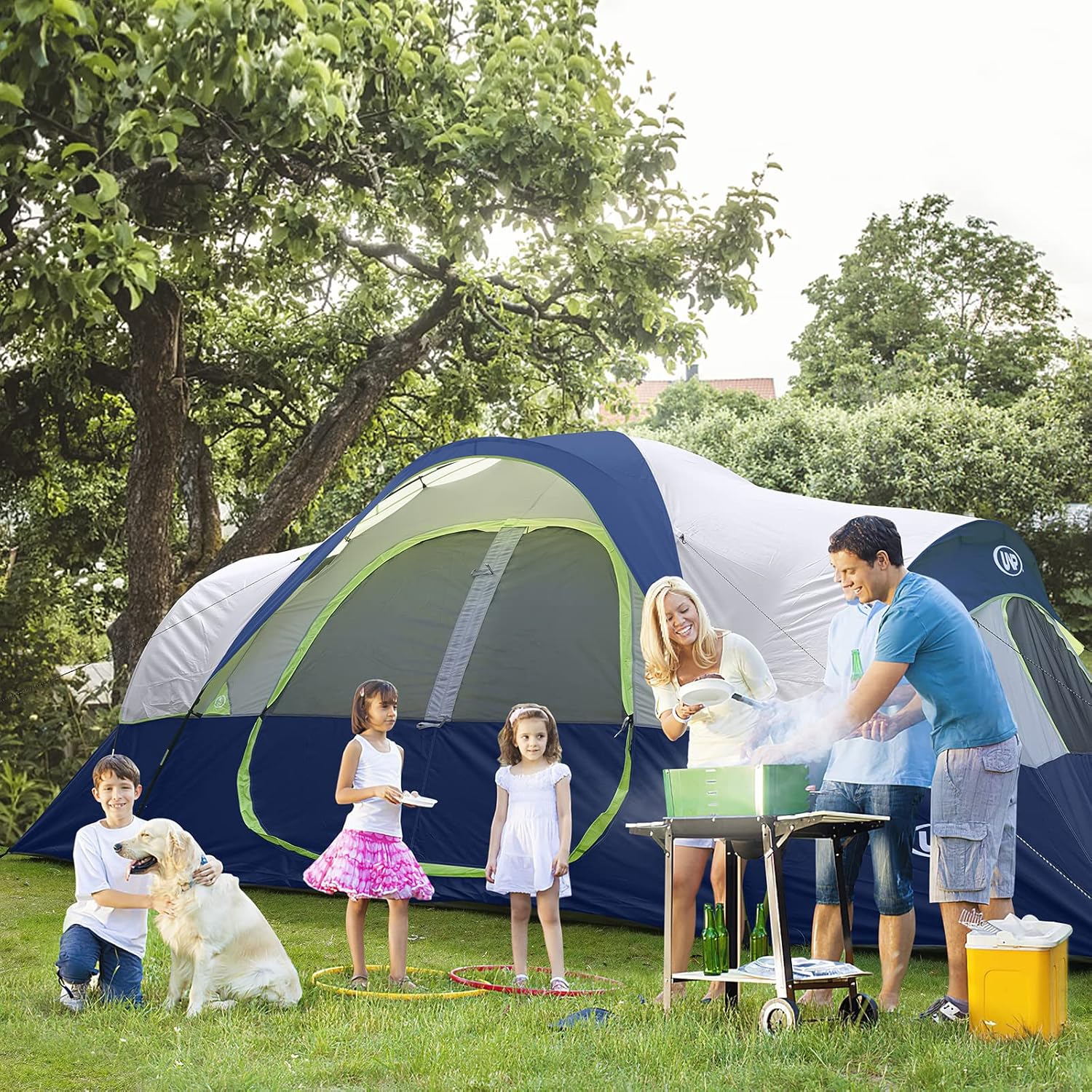 UNP Camping Tent 10-Person-Family Tents, Parties, Music Festival Tent, Big, Easy Up, 5 Large Mesh Windows, Double Layer, 2 Room, Waterproof, Weather Resistant, 18ft x 9ft x78in