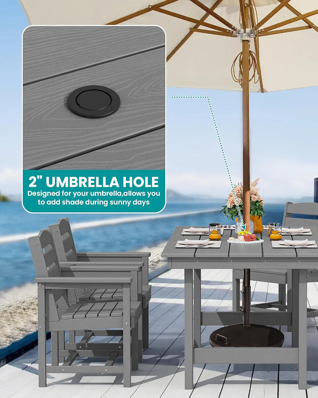 SERWALL 7-Piece Patio Table Set, Outdoor HDPE Dining Furniture with Umbrella Hole, All Weather Table and Chairs for Lawn, Garden, Poolside, Aruba