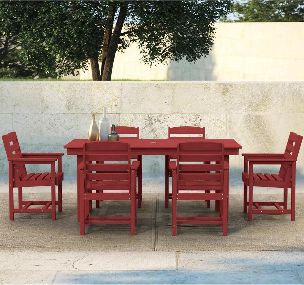 SERWALL 7-Piece Patio Table Set, Outdoor HDPE Dining Furniture with Umbrella Hole, All Weather Table and Chairs for Lawn, Garden, Poolside, Aruba