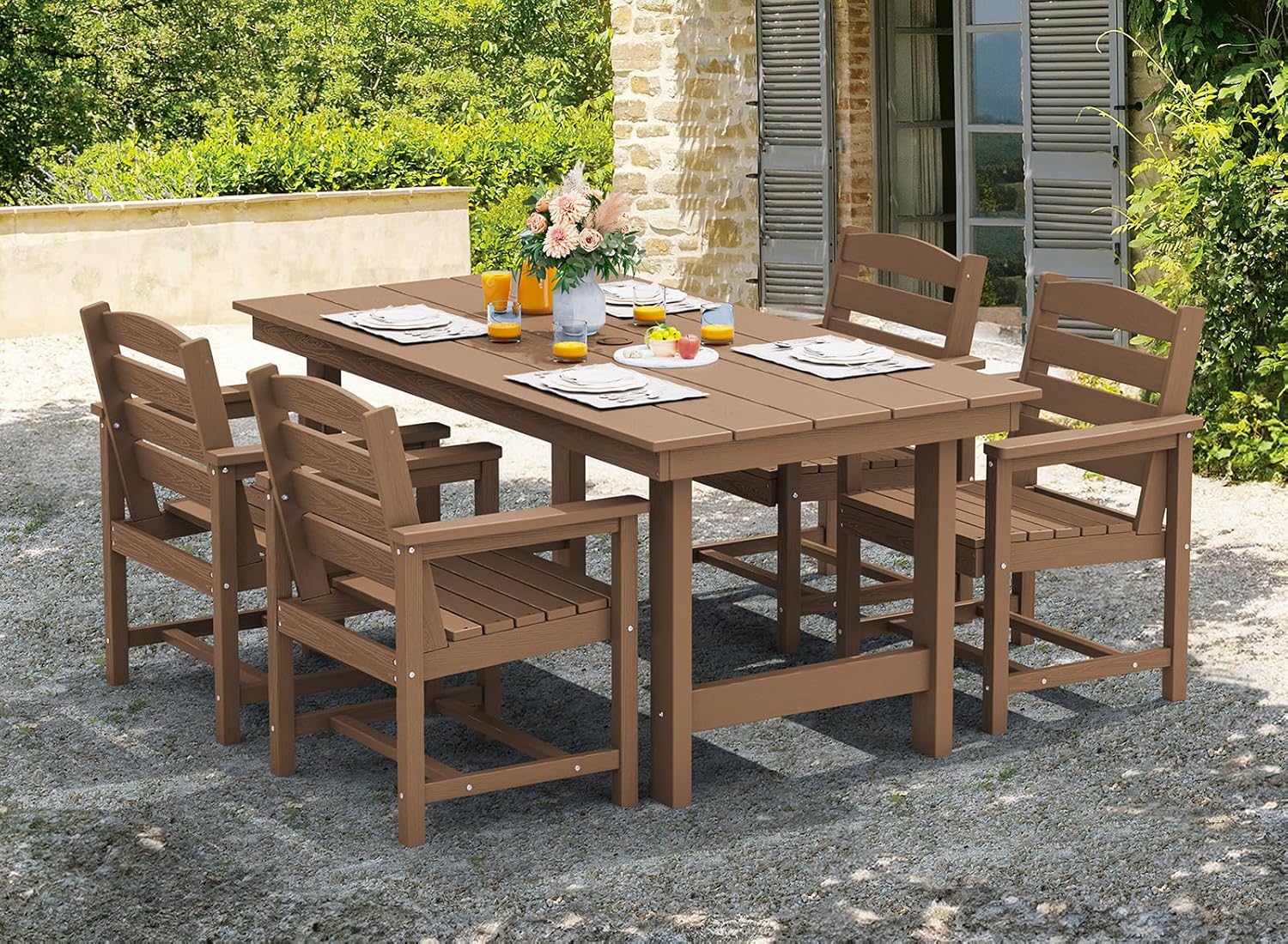 SERWALL 7-Piece Patio Table Set, Outdoor HDPE Dining Furniture with Umbrella Hole, All Weather Table and Chairs for Lawn, Garden, Poolside, Aruba