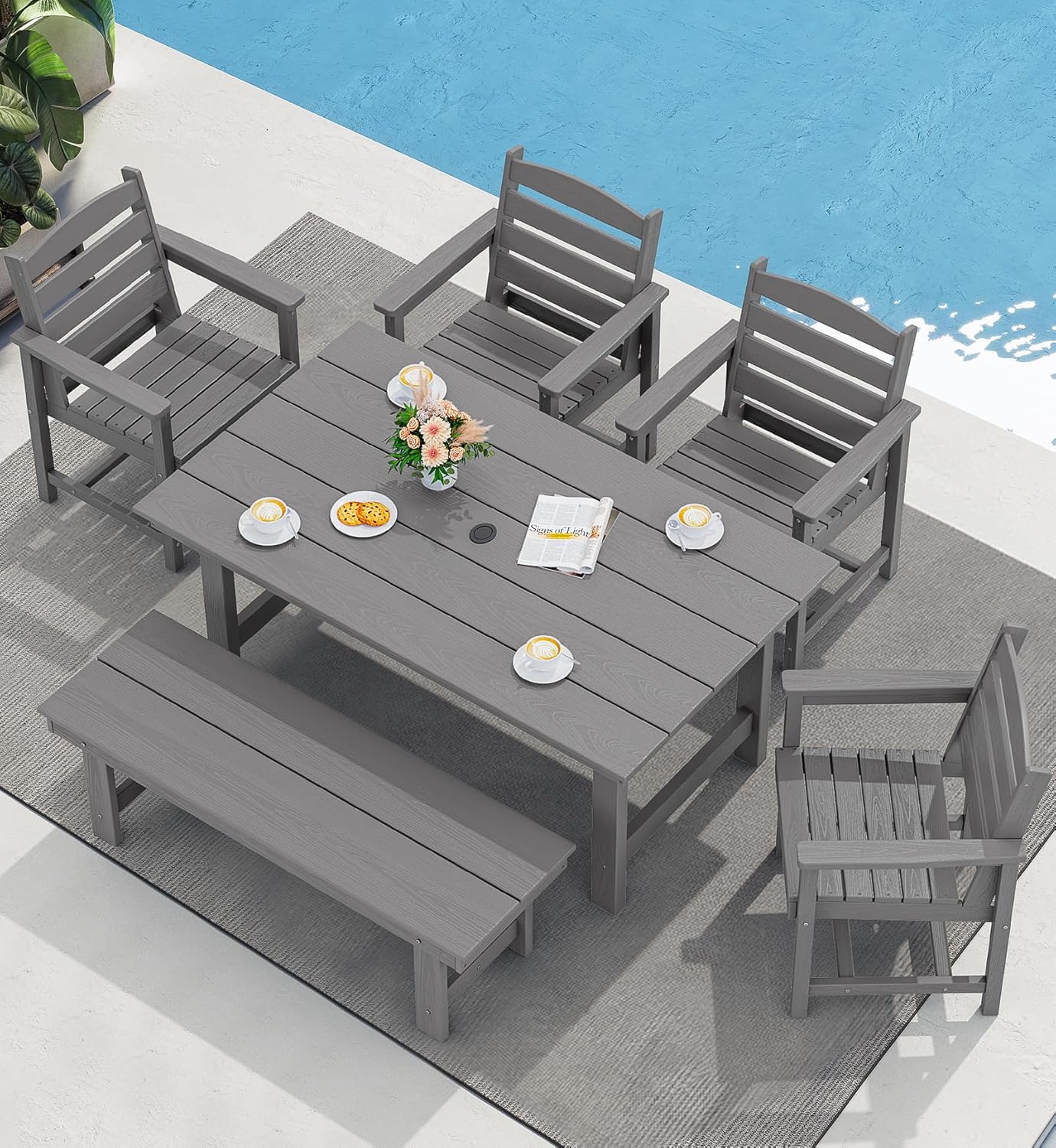 SERWALL 7-Piece Patio Table Set, Outdoor HDPE Dining Furniture with Umbrella Hole, All Weather Table and Chairs for Lawn, Garden, Poolside, Aruba