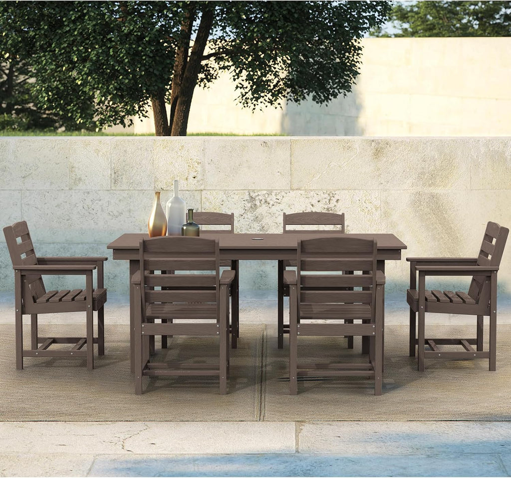 SERWALL 7-Piece Patio Table Set, Outdoor HDPE Dining Furniture with Umbrella Hole, All Weather Table and Chairs for Lawn, Garden, Poolside, Aruba