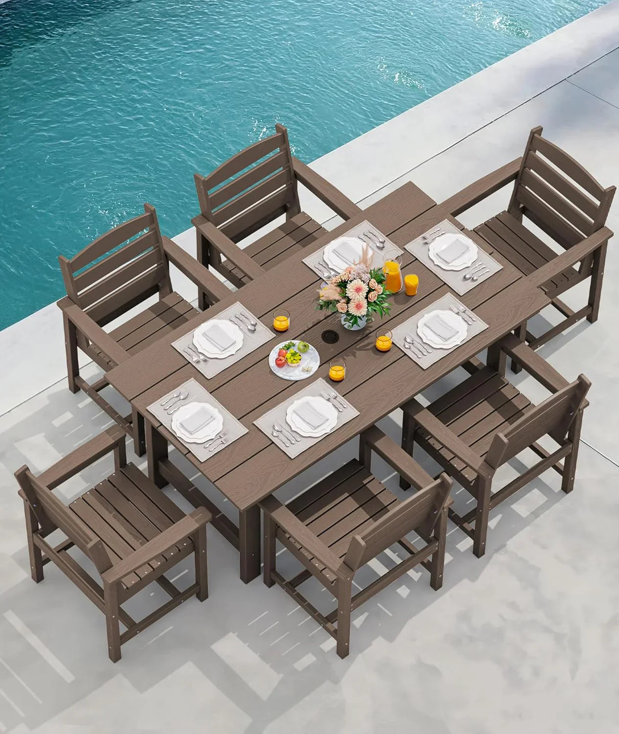 SERWALL 7-Piece Patio Table Set, Outdoor HDPE Dining Furniture with Umbrella Hole, All Weather Table and Chairs for Lawn, Garden, Poolside, Aruba