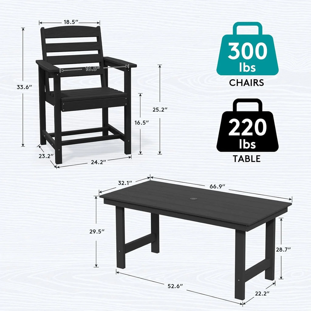 SERWALL 7-Piece Patio Table Set, Outdoor HDPE Dining Furniture with Umbrella Hole, All Weather Table and Chairs for Lawn, Garden, Poolside, Aruba