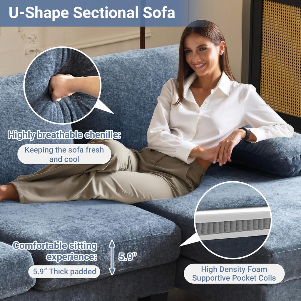 VINGLI 110" Sectional Couches for Living Room,U Shaped Couch with Double Chaise, 4-Seat Sofa Set with Chenille Fabric for Home Furniture,Beige