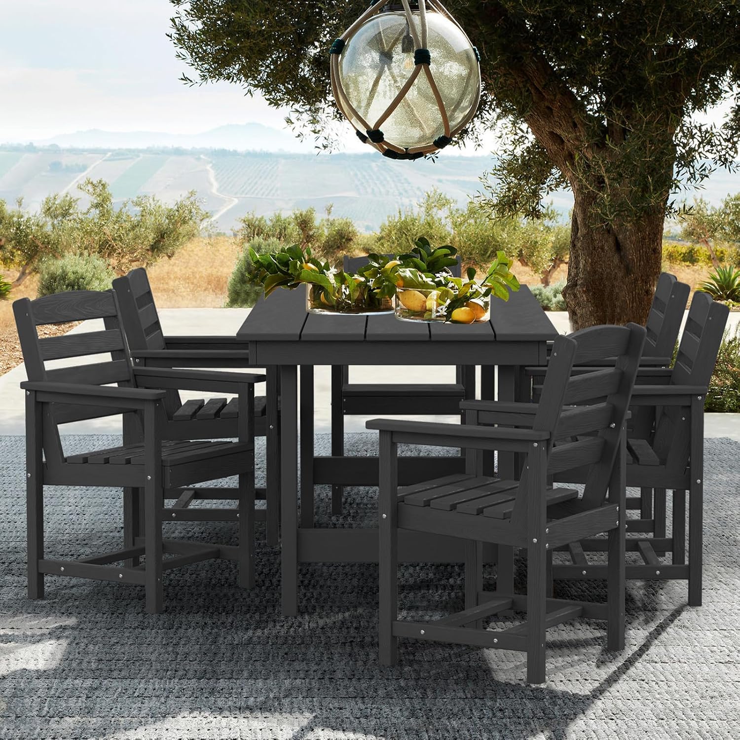 SERWALL 7-Piece Patio Table Set, Outdoor HDPE Dining Furniture with Umbrella Hole, All Weather Table and Chairs for Lawn, Garden, Poolside, Aruba