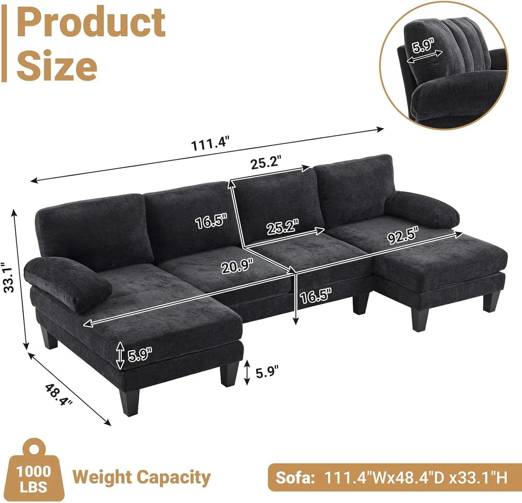 VINGLI 110" Sectional Couches for Living Room,U Shaped Couch with Double Chaise, 4-Seat Sofa Set with Chenille Fabric for Home Furniture,Beige