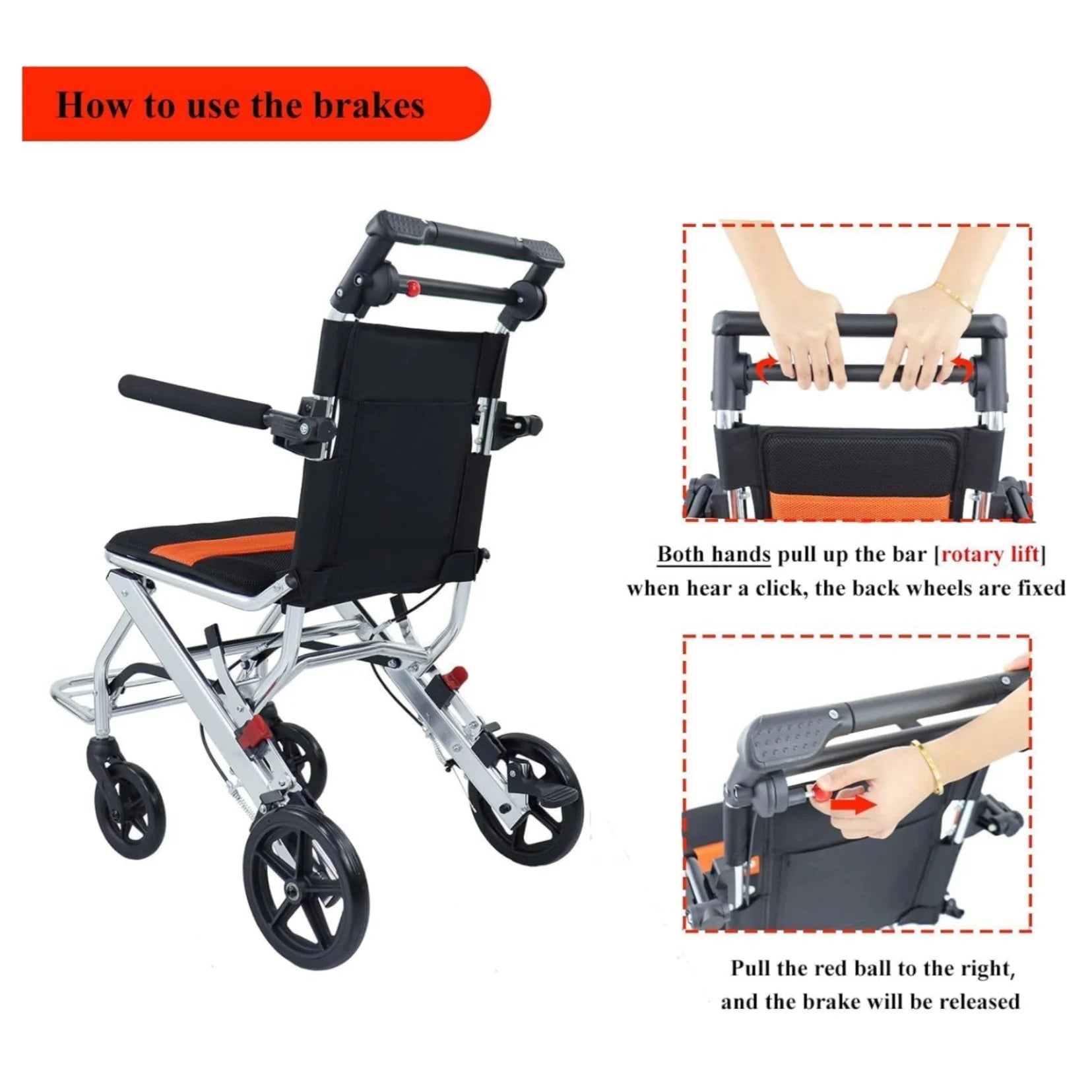 Ultra-Light Portable Folding Wheelchair, Travel-Friendly with Handbrake, 220 lbs Capacity, Ideal for Elderly & Children, 34.2�32.6 Unfolded Dimensions