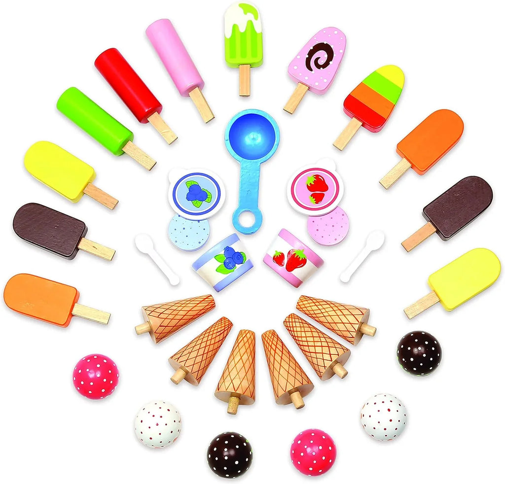 Ice Cream Truck Pretend Play Stand for Kids - High Quality Wooden 33+ Piece Realistic Wooden Toy Set