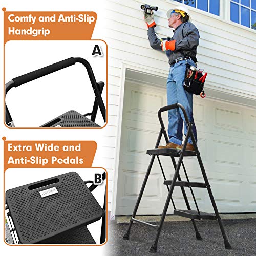 HBTower 3 Step Ladder, Folding Step Stool with Wide Anti-Slip Pedal, 500lbs