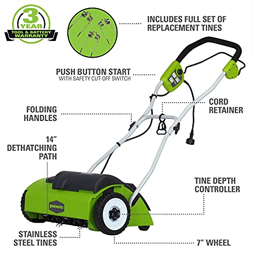 Greenworks 10 Amp 14�� Corded Electric Dethatcher (Stainless Steel Tines)