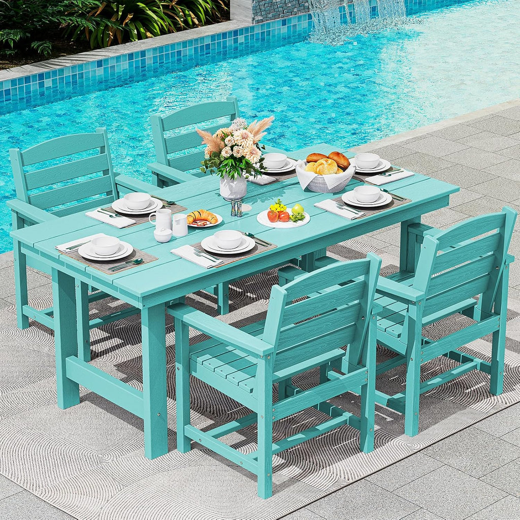 SERWALL 7-Piece Patio Table Set, Outdoor HDPE Dining Furniture with Umbrella Hole, All Weather Table and Chairs for Lawn, Garden, Poolside, Aruba