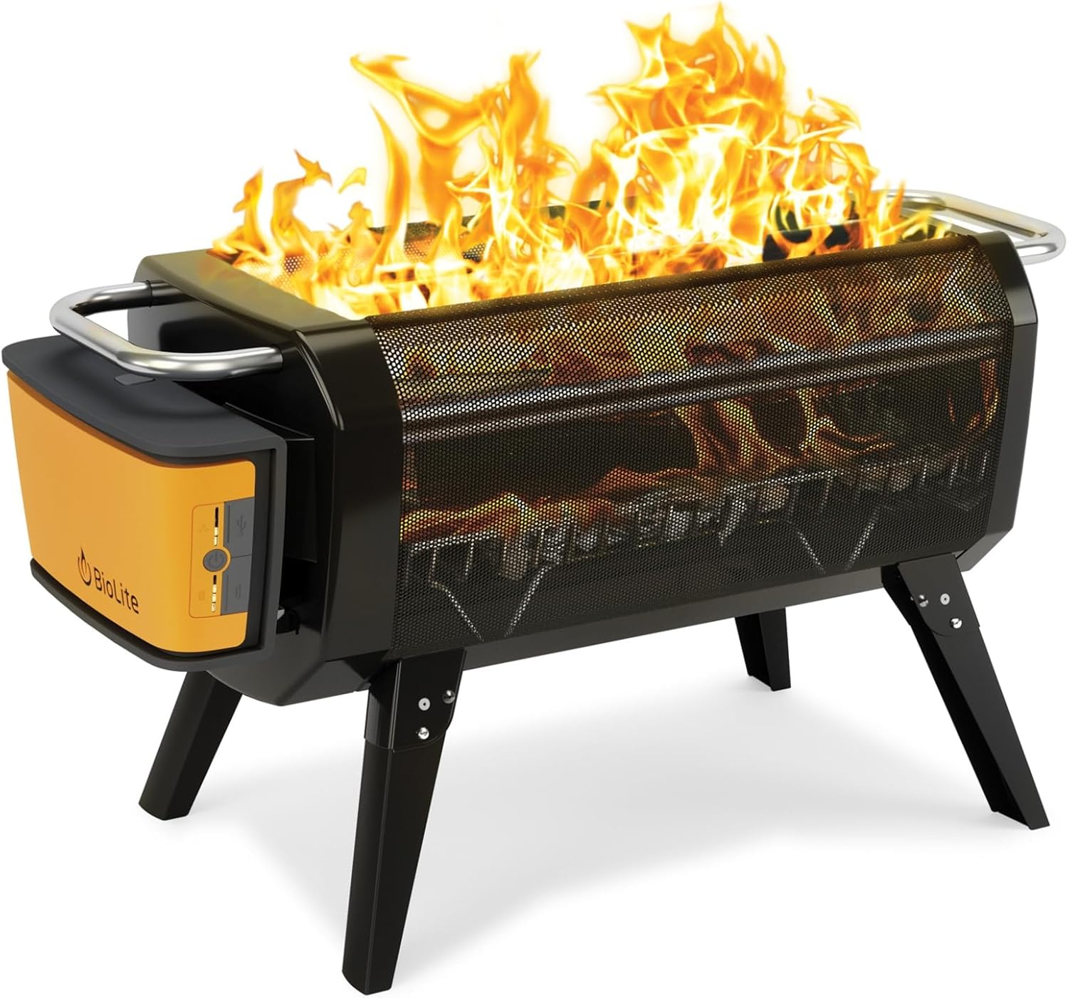 Smoke-free outdoor wooden and charcoal-burning fire pit, equipped with Bluetooth function, rechargeable, with a capacity of 12800 milliampere-hours, and the interface is USB-A.