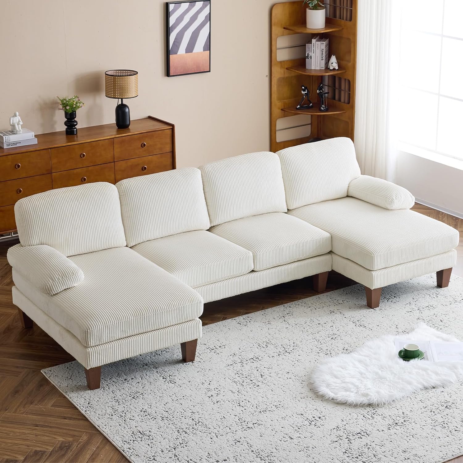 VINGLI 110" Sectional Couches for Living Room,U Shaped Couch with Double Chaise, 4-Seat Sofa Set with Chenille Fabric for Home Furniture,Beige