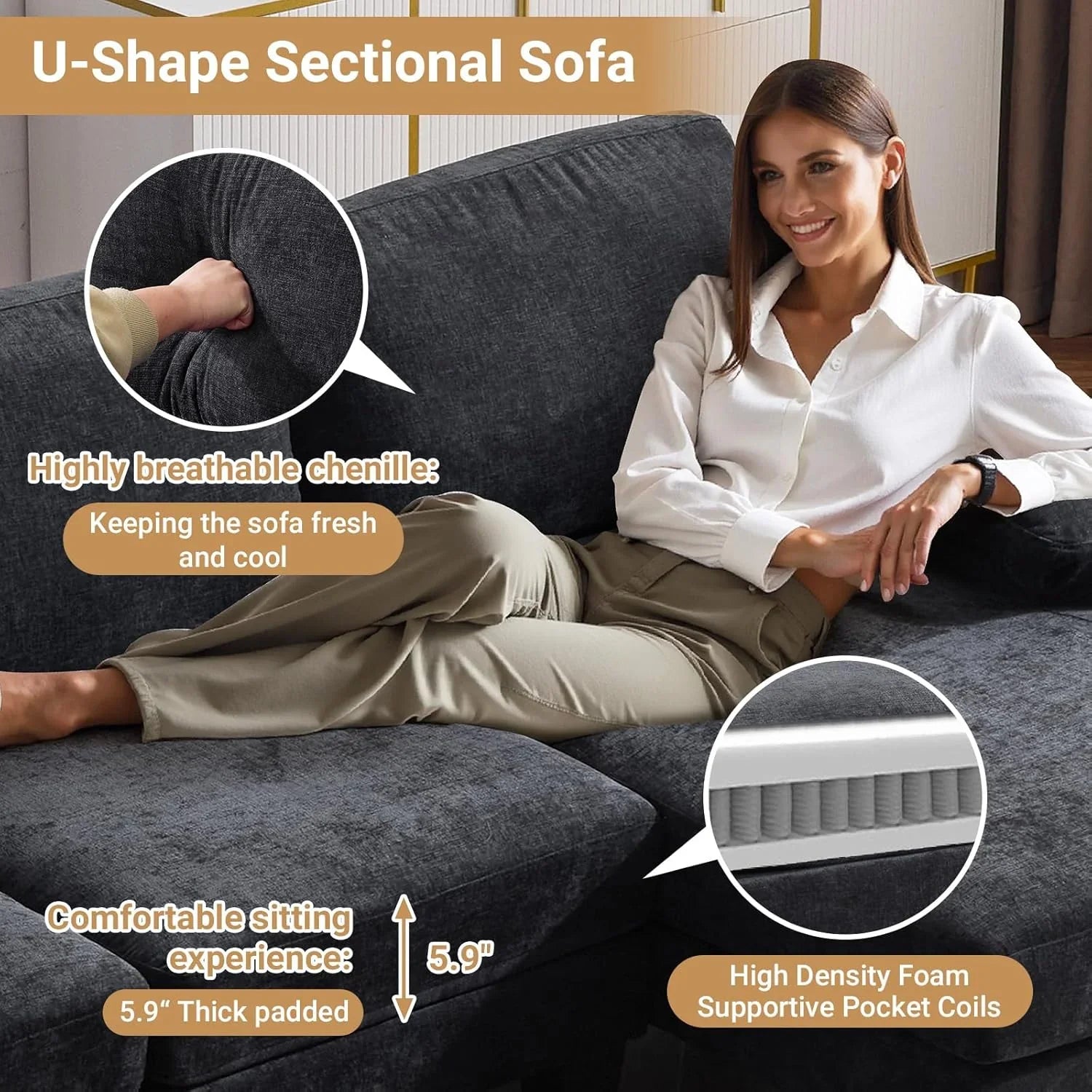 VINGLI 110" Sectional Couches for Living Room,U Shaped Couch with Double Chaise, 4-Seat Sofa Set with Chenille Fabric for Home Furniture,Beige