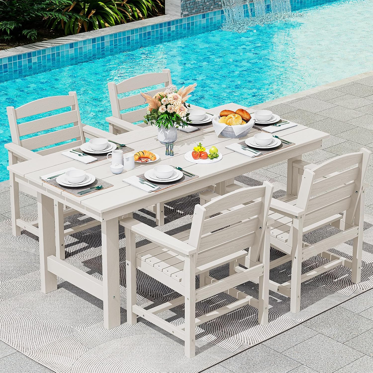 SERWALL 7-Piece Patio Table Set, Outdoor HDPE Dining Furniture with Umbrella Hole, All Weather Table and Chairs for Lawn, Garden, Poolside, Aruba