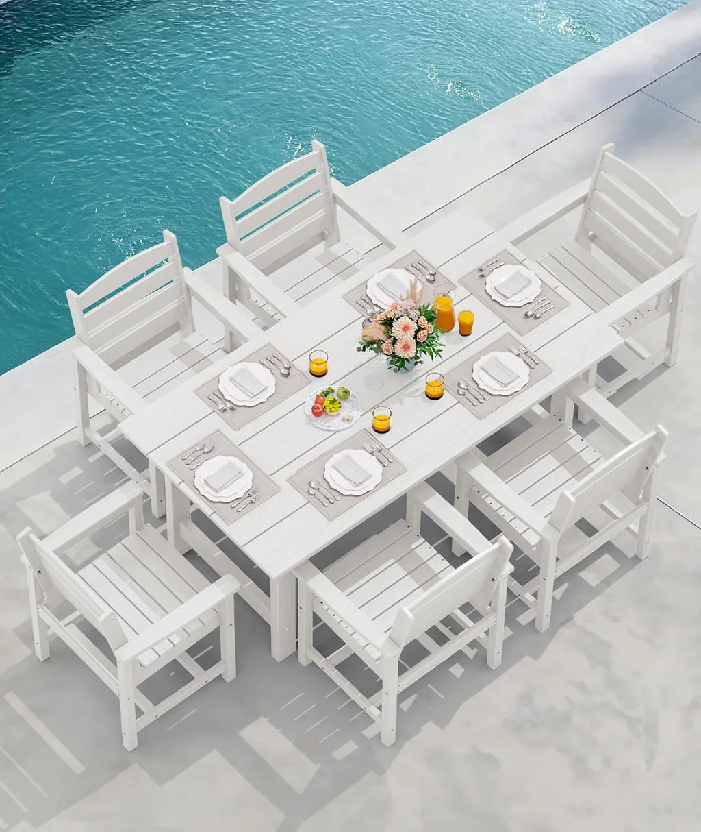 SERWALL 7-Piece Patio Table Set, Outdoor HDPE Dining Furniture with Umbrella Hole, All Weather Table and Chairs for Lawn, Garden, Poolside, Aruba