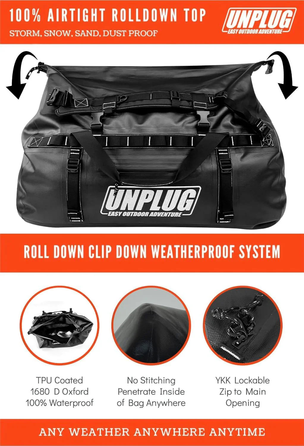 UNPLUG Ultimate Adventure Bag -1680D Heavy Duty Waterproof Travel Duffel Bags for Camping, Motorcycle Dry Bag, Waterproof Bags for Boating, Waterproof Duffle Backpack,Tactical Duffle Bag