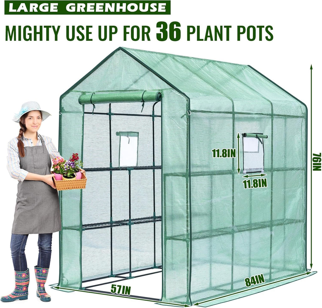 Greenhouse, 57 x 85 x 76'' Greenhouses for Outdoors, Portable Greenhouse Kit with Mesh Side Windows, PE Cover, 8 Shelves, Heavy Duty Walk in Green House for Backyard Garden Indoor Outside