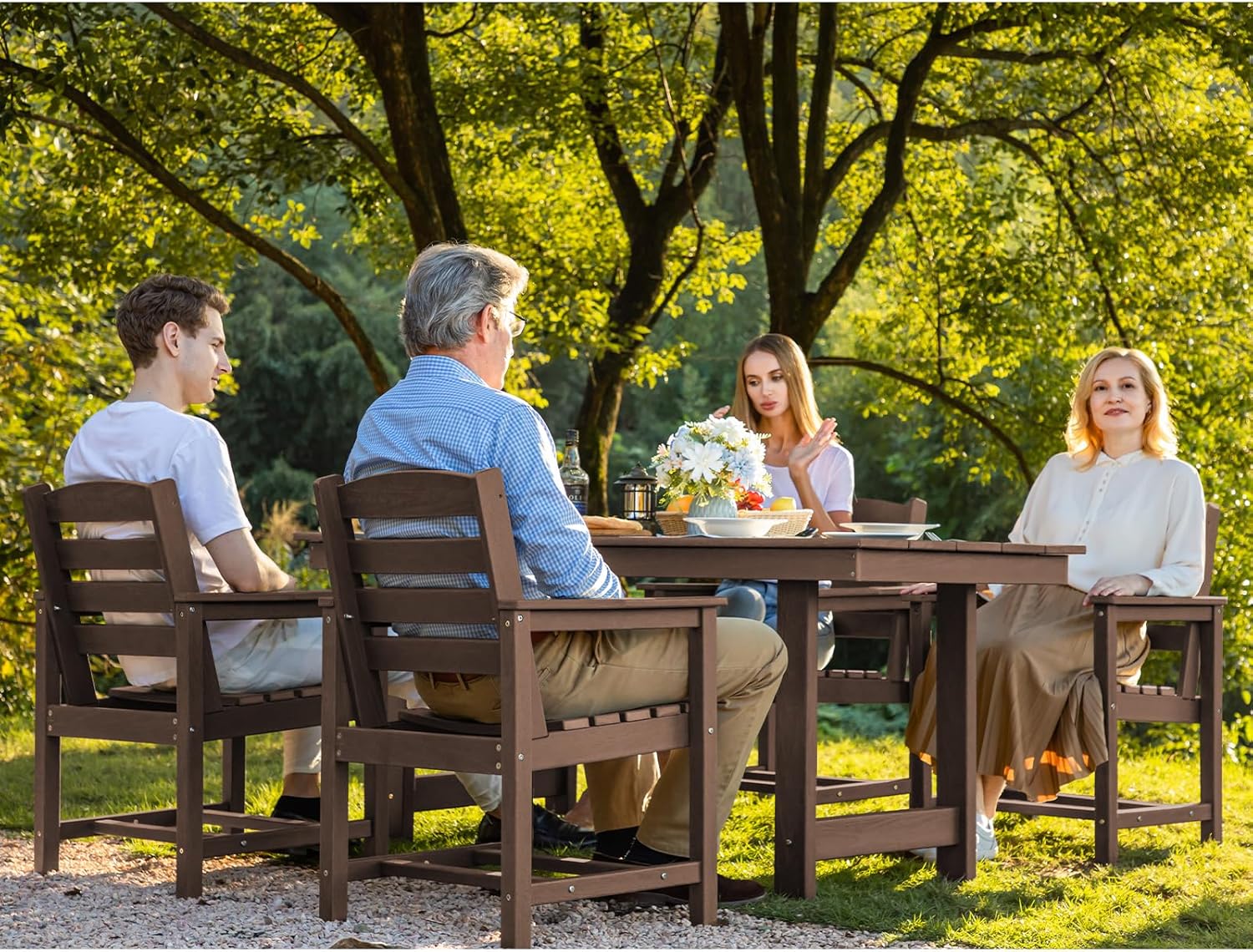 SERWALL 7-Piece Patio Table Set, Outdoor HDPE Dining Furniture with Umbrella Hole, All Weather Table and Chairs for Lawn, Garden, Poolside, Aruba