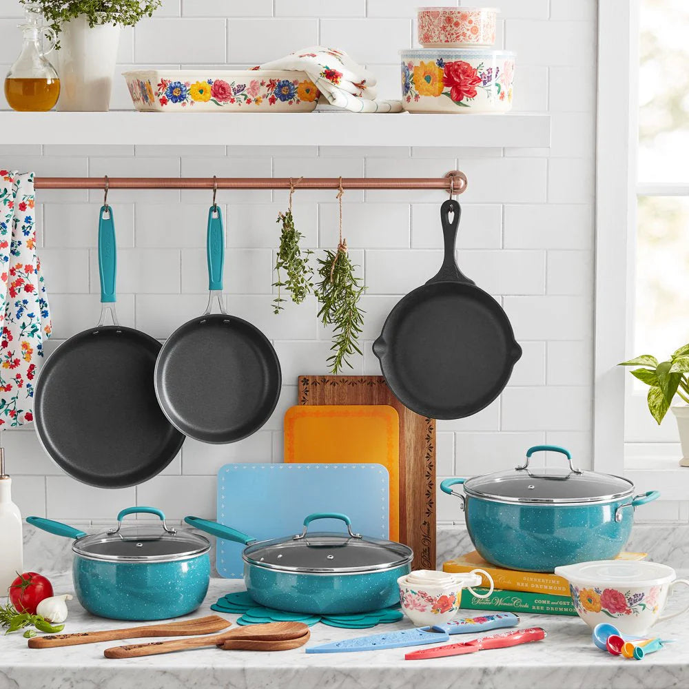 The Pioneer Woman Brilliant Blooms 38-Piece Cookware Set, Teal 锟斤拷 Complete Kitchen Solution with Floral Design