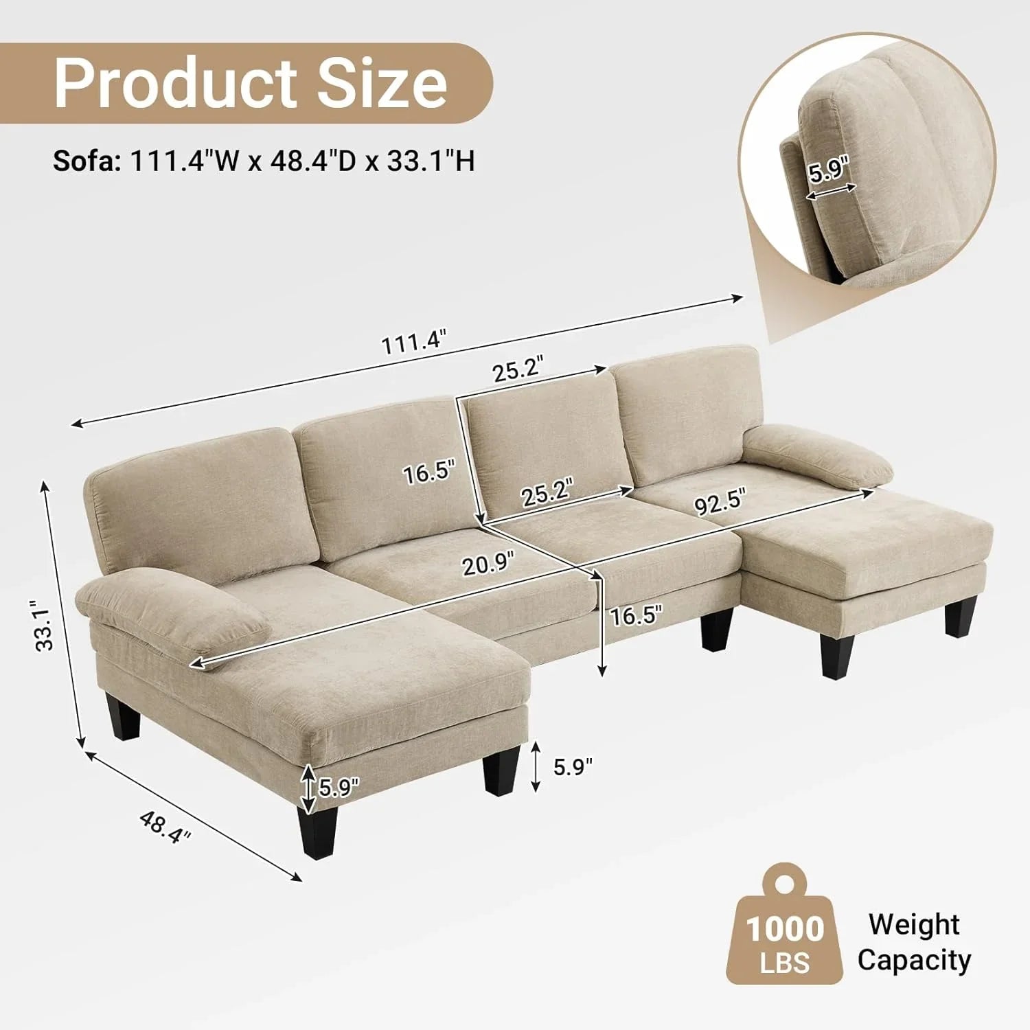 VINGLI 110" Sectional Couches for Living Room,U Shaped Couch with Double Chaise, 4-Seat Sofa Set with Chenille Fabric for Home Furniture,Beige