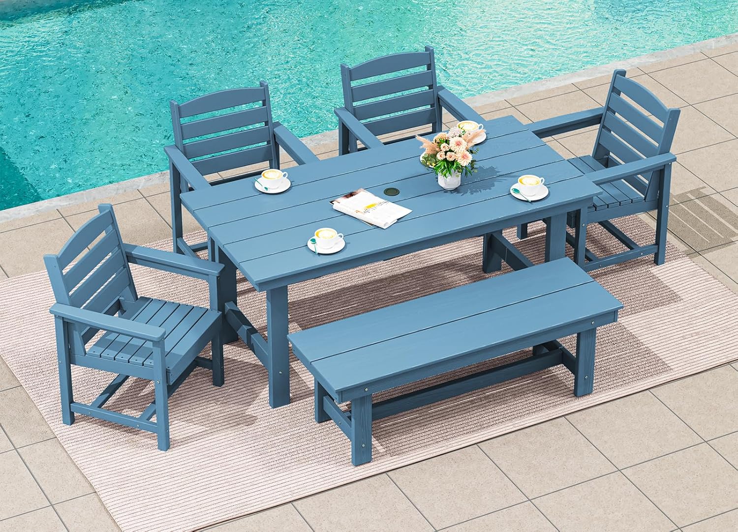 SERWALL 7-Piece Patio Table Set, Outdoor HDPE Dining Furniture with Umbrella Hole, All Weather Table and Chairs for Lawn, Garden, Poolside, Aruba
